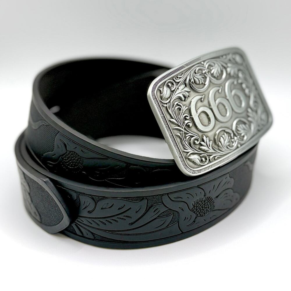 TornSlayer Silver 666 Western Buckle with PU Leather Black Snap-On Belt
